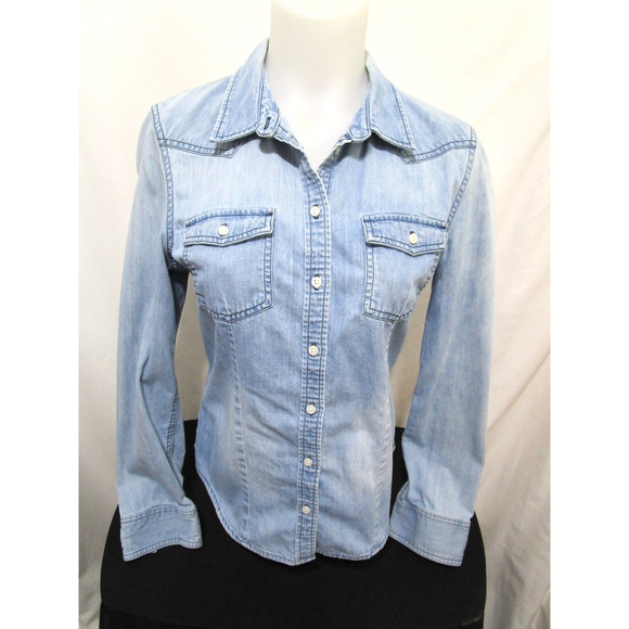 Forever 21 Light Blue Western Style Long Sleeve Denim Shirt Women Sz L - Picture 1 of 8